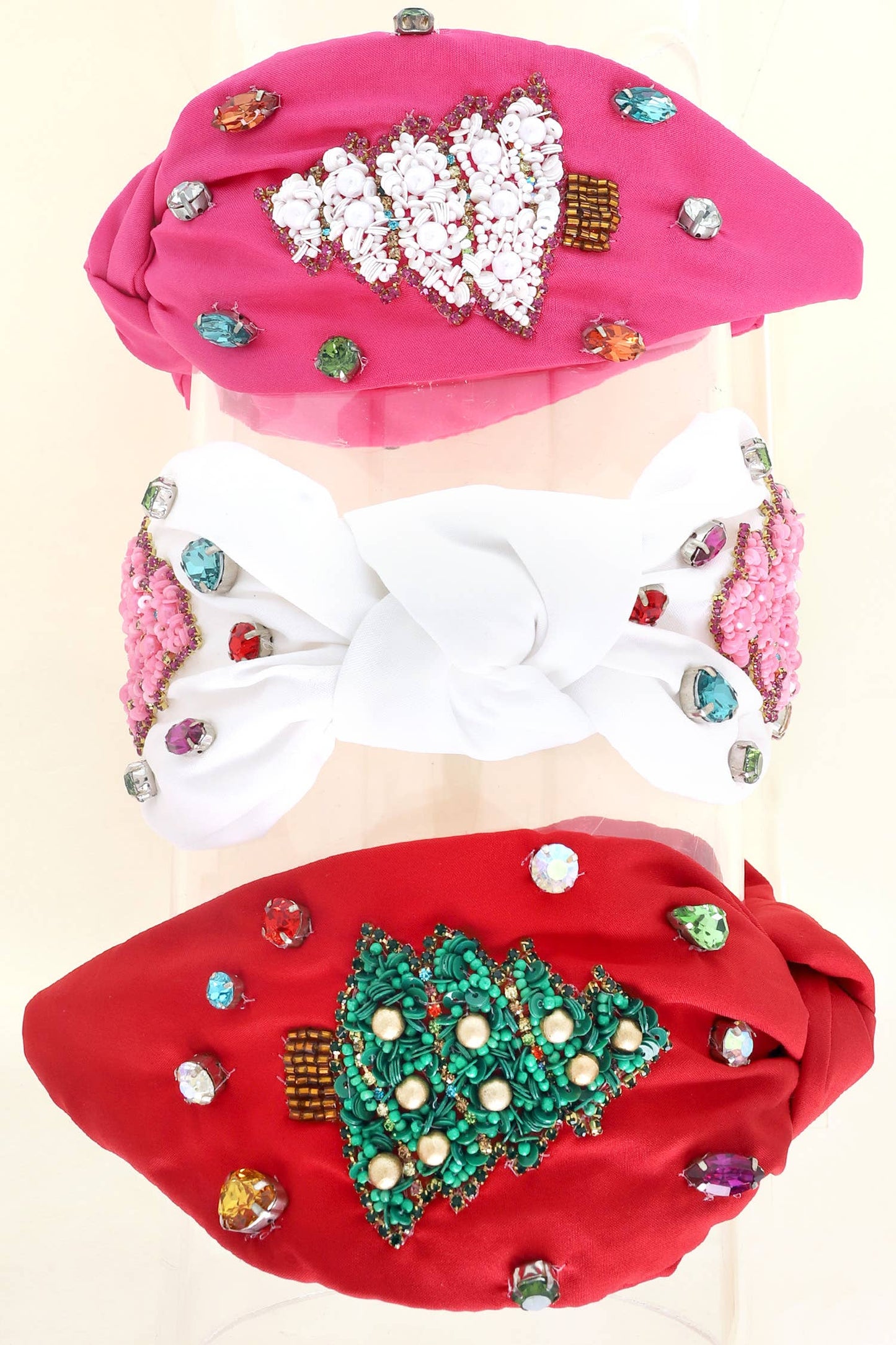 Jeweled Christmas Tree Beaded Knotted Headband - Pink