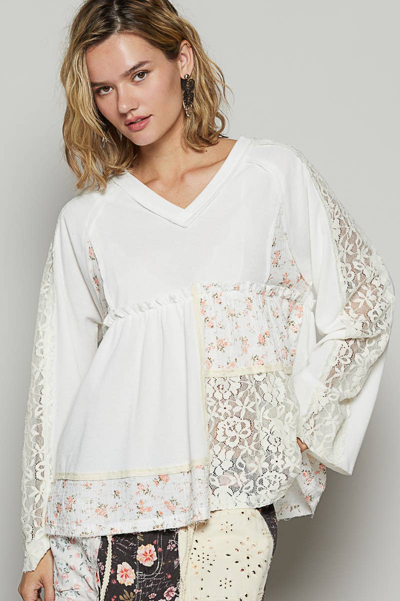 Floral Lace V-Neck Raglan Knit Top