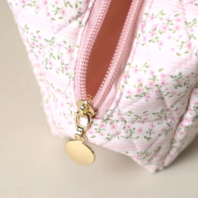 Cotton Quilted Pink Floral Cosmetic Bag