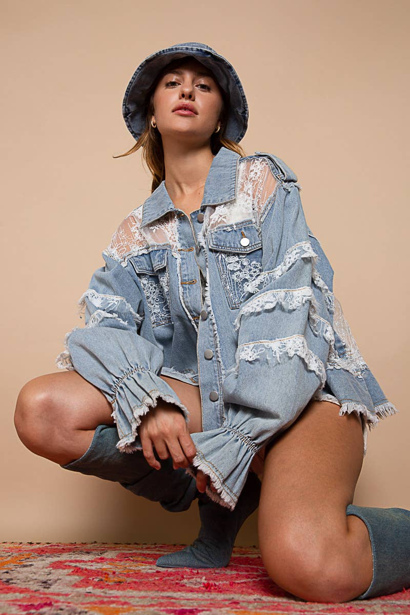 Floral Lace Ruffle Denim Jacket