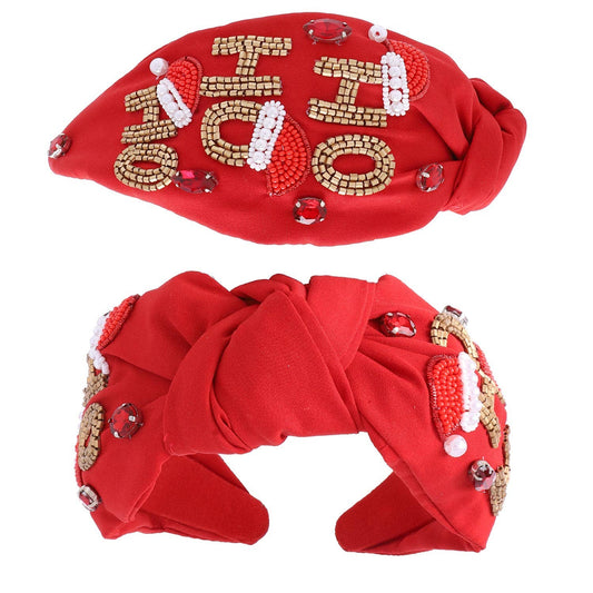 Christmas Jeweled HO HO HO Knotted Headband - Red