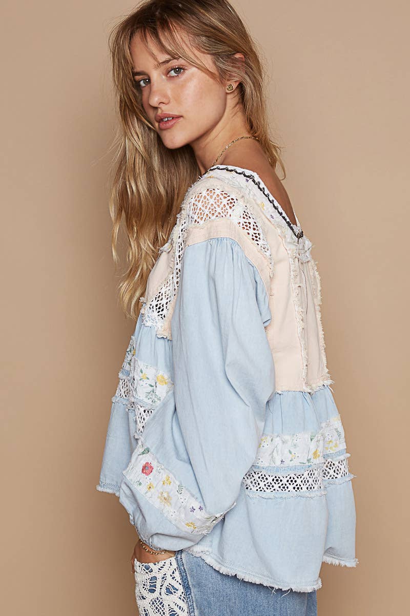 Embroidered Floral Crochet Denim Top