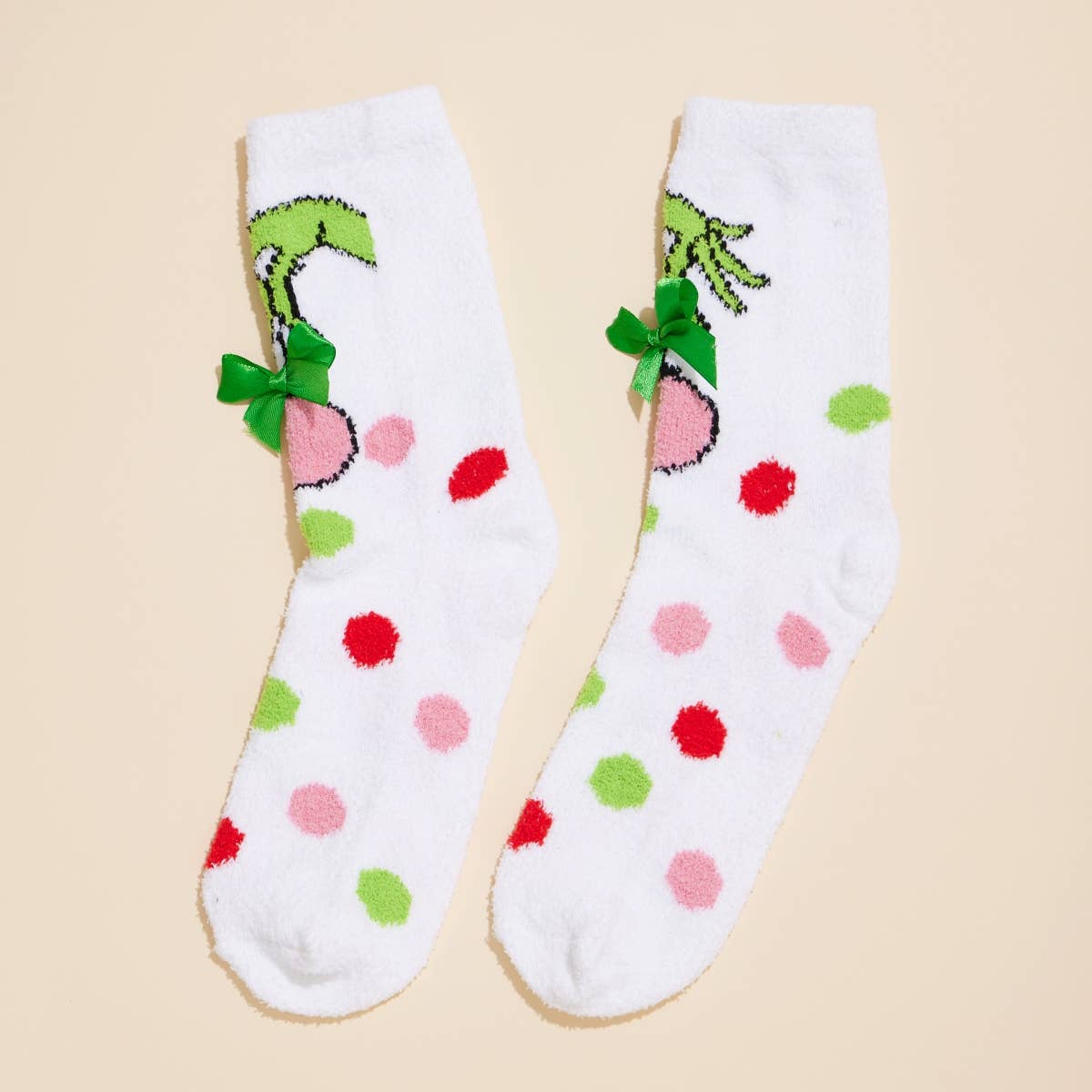 Fuzzy Christmas Grinch Bow Socks