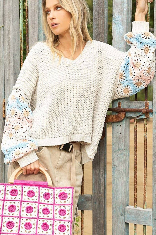 Hand Knit Floral V-Neck Sweater