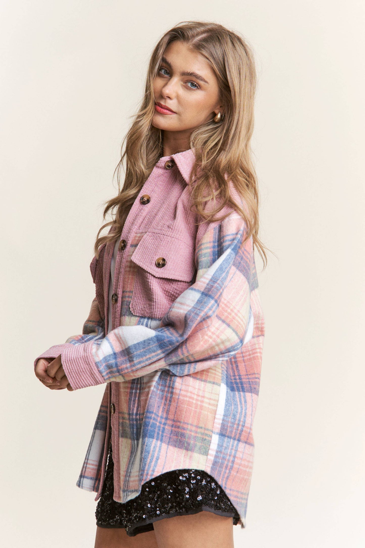 Corduroy Plaid Button Down Shacket