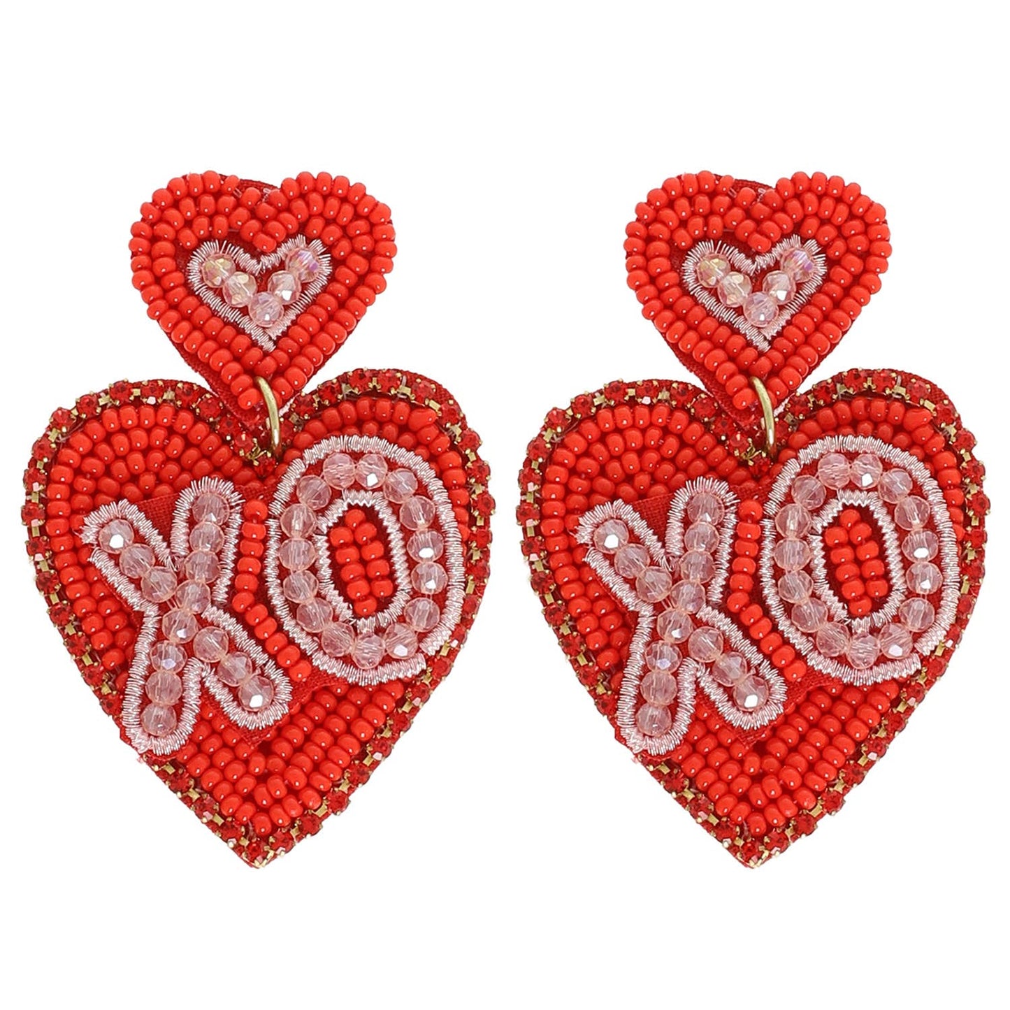 Valentine's Day Heart XO Beaded Earrings - Red