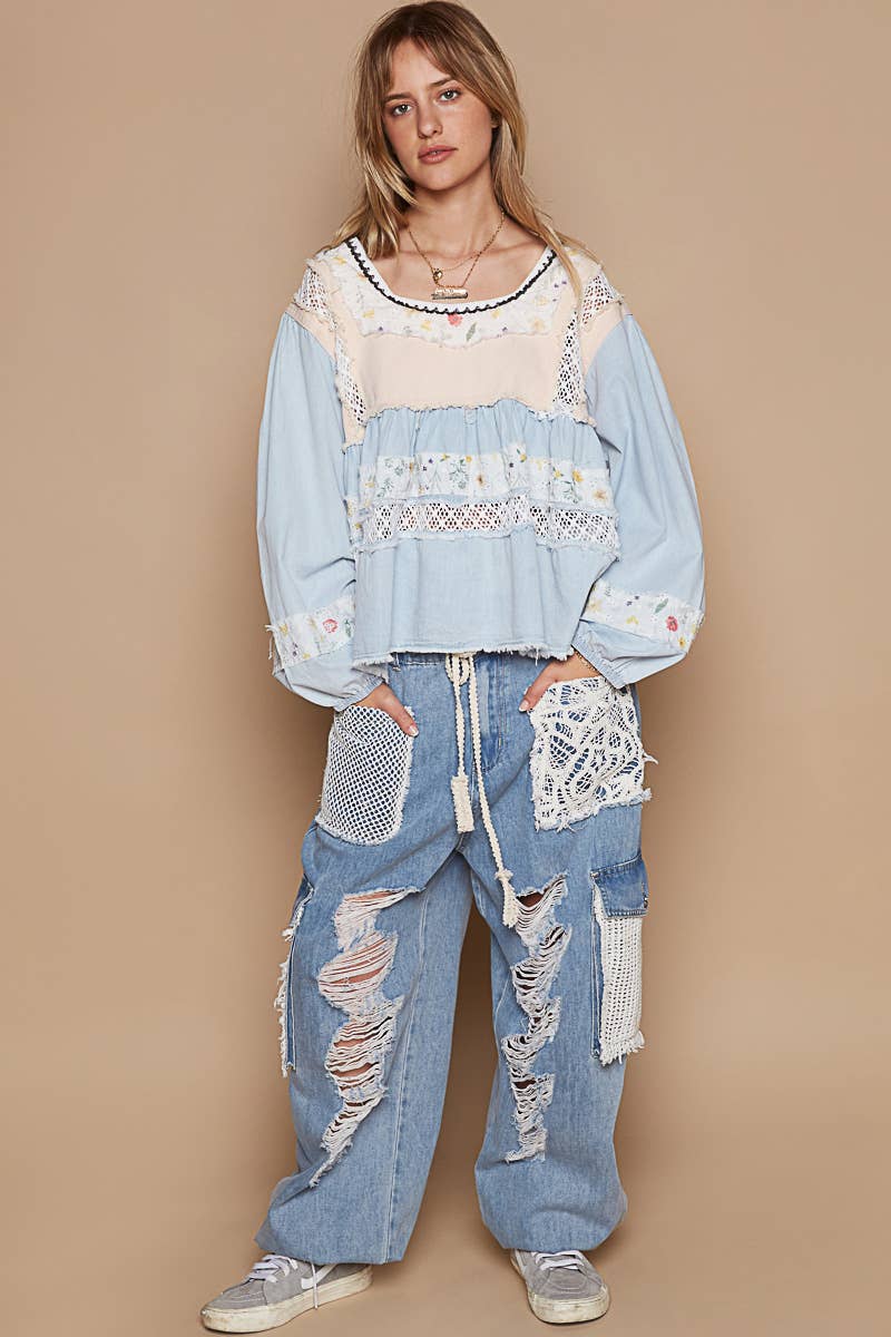 Embroidered Floral Crochet Denim Top