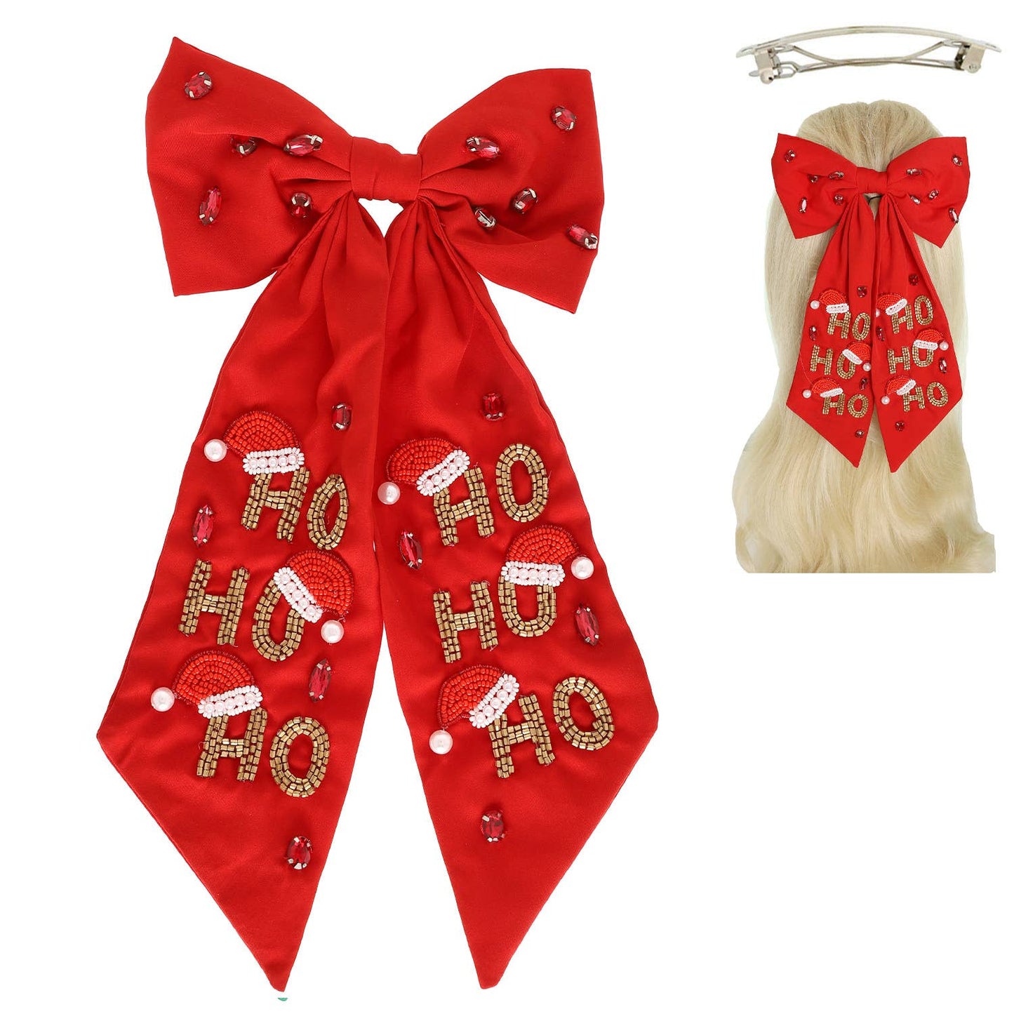 Christmas HO HO HO Jeweled Hair Bow - Red