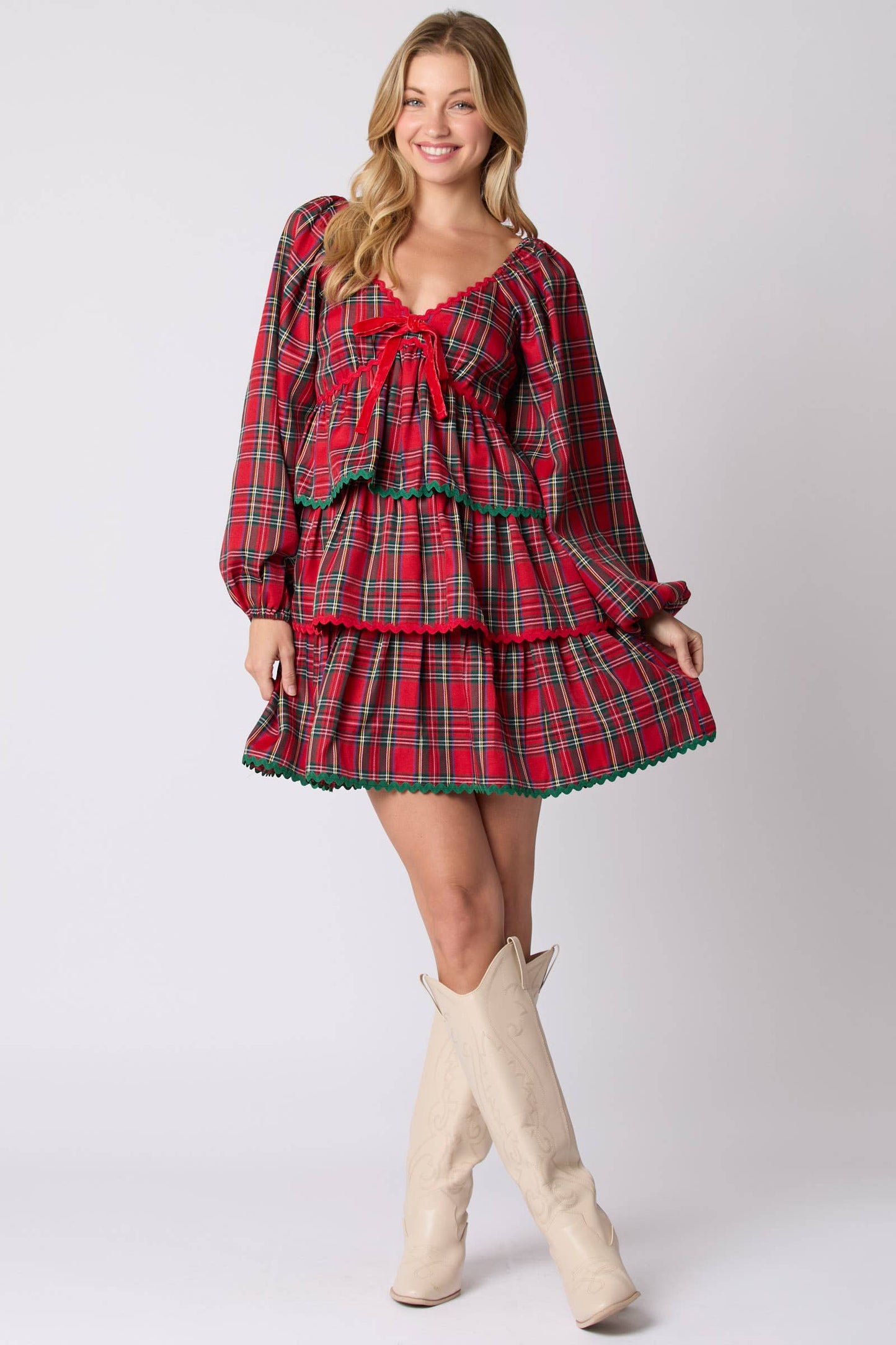 Red Plaid Tiered Ruffle Dress