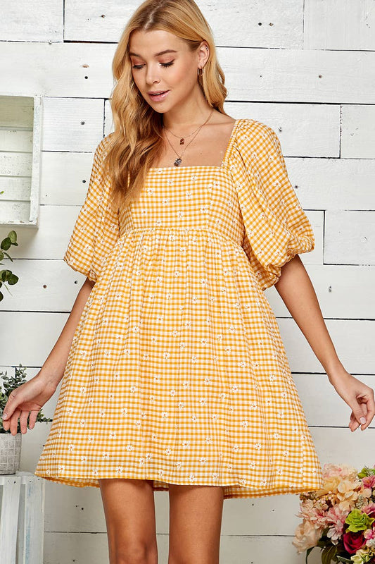 Flower Print Gingham Open Back Babydoll Dress