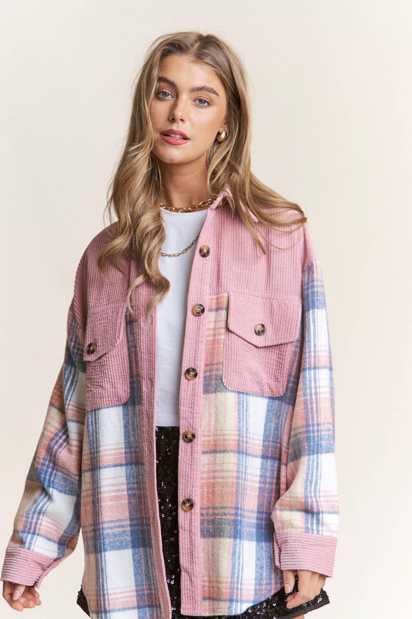 Corduroy Plaid Button Down Shacket