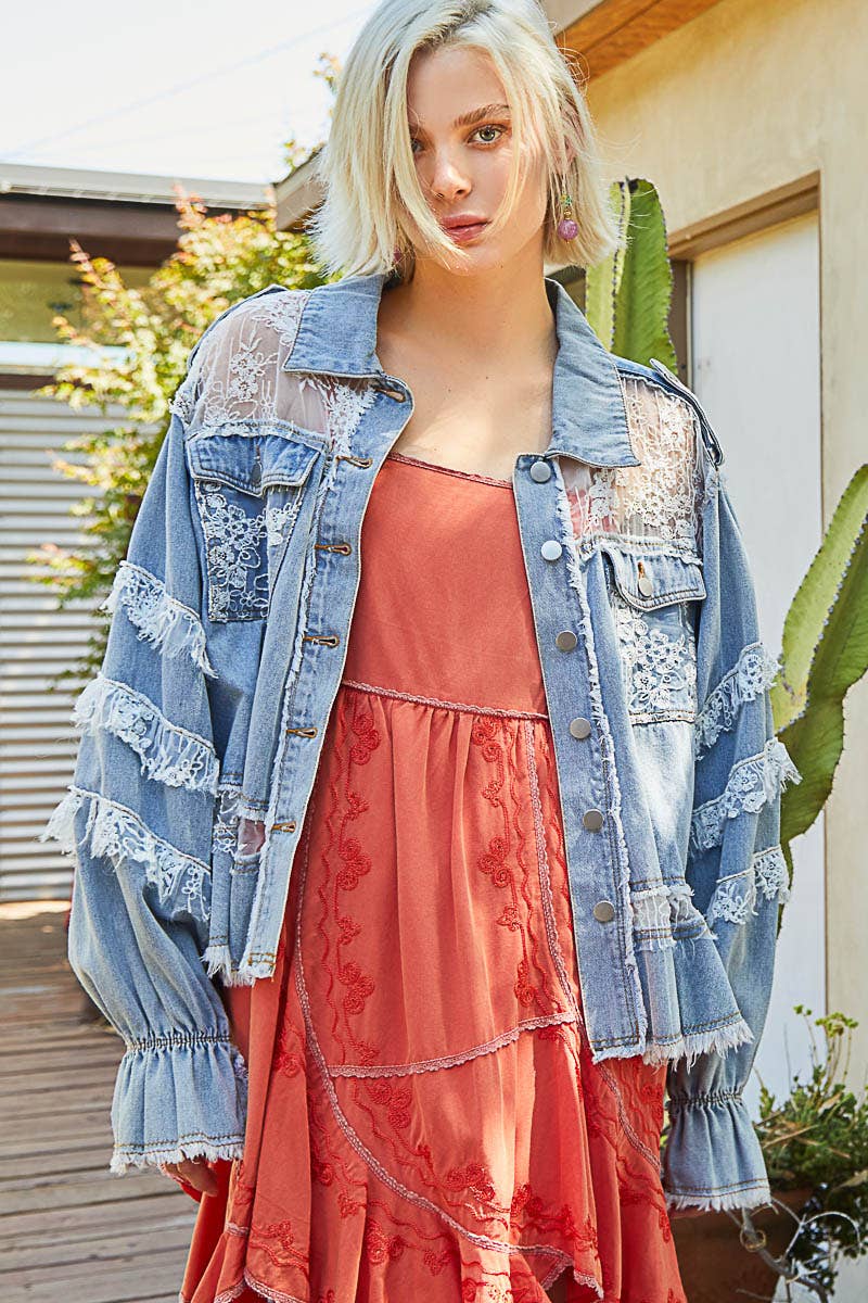 Floral Lace Ruffle Denim Jacket