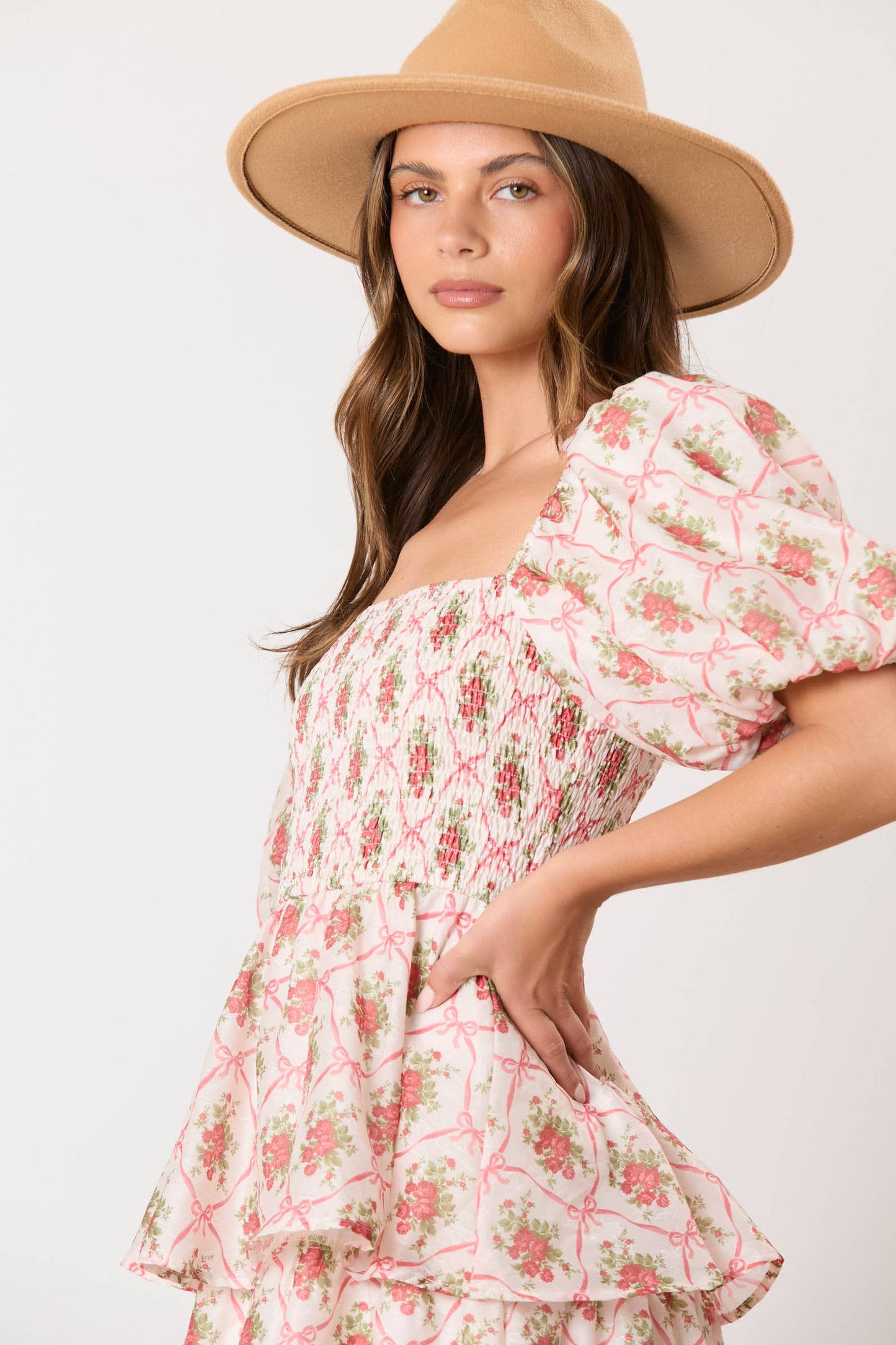 Bow & Rose Print Tiered Midi Dress