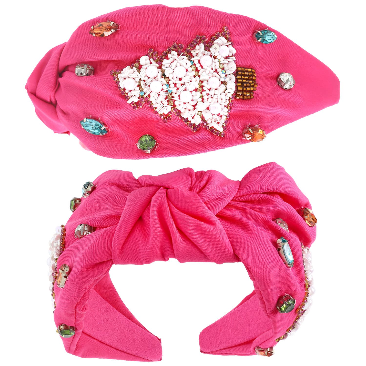 Jeweled Christmas Tree Beaded Knotted Headband - Pink