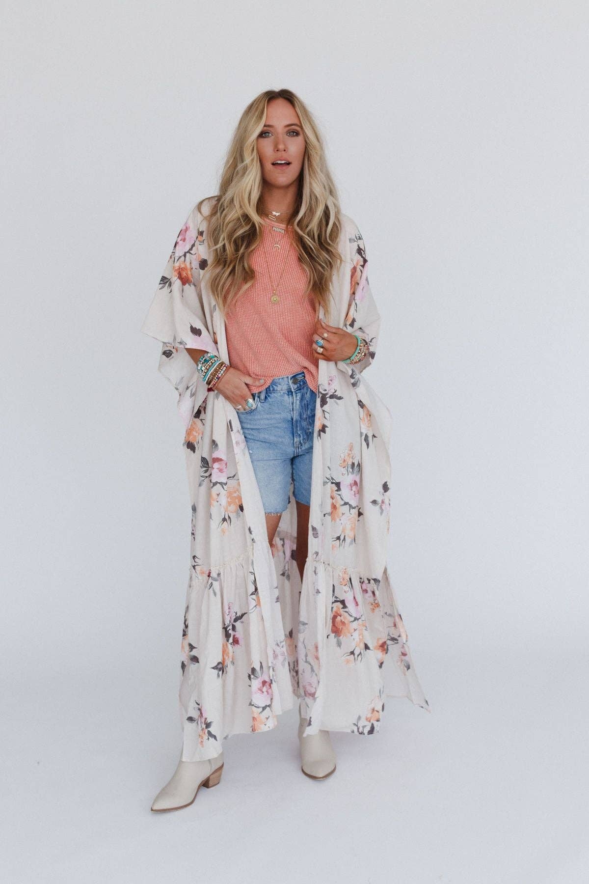 Tapestry Free Flow Duster Kimono - Ivory Floral