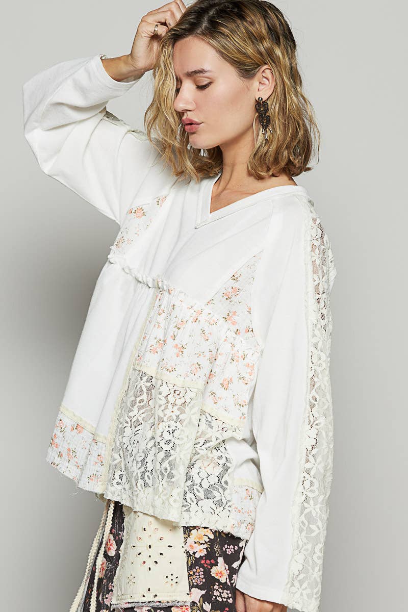 Floral Lace V-Neck Raglan Knit Top