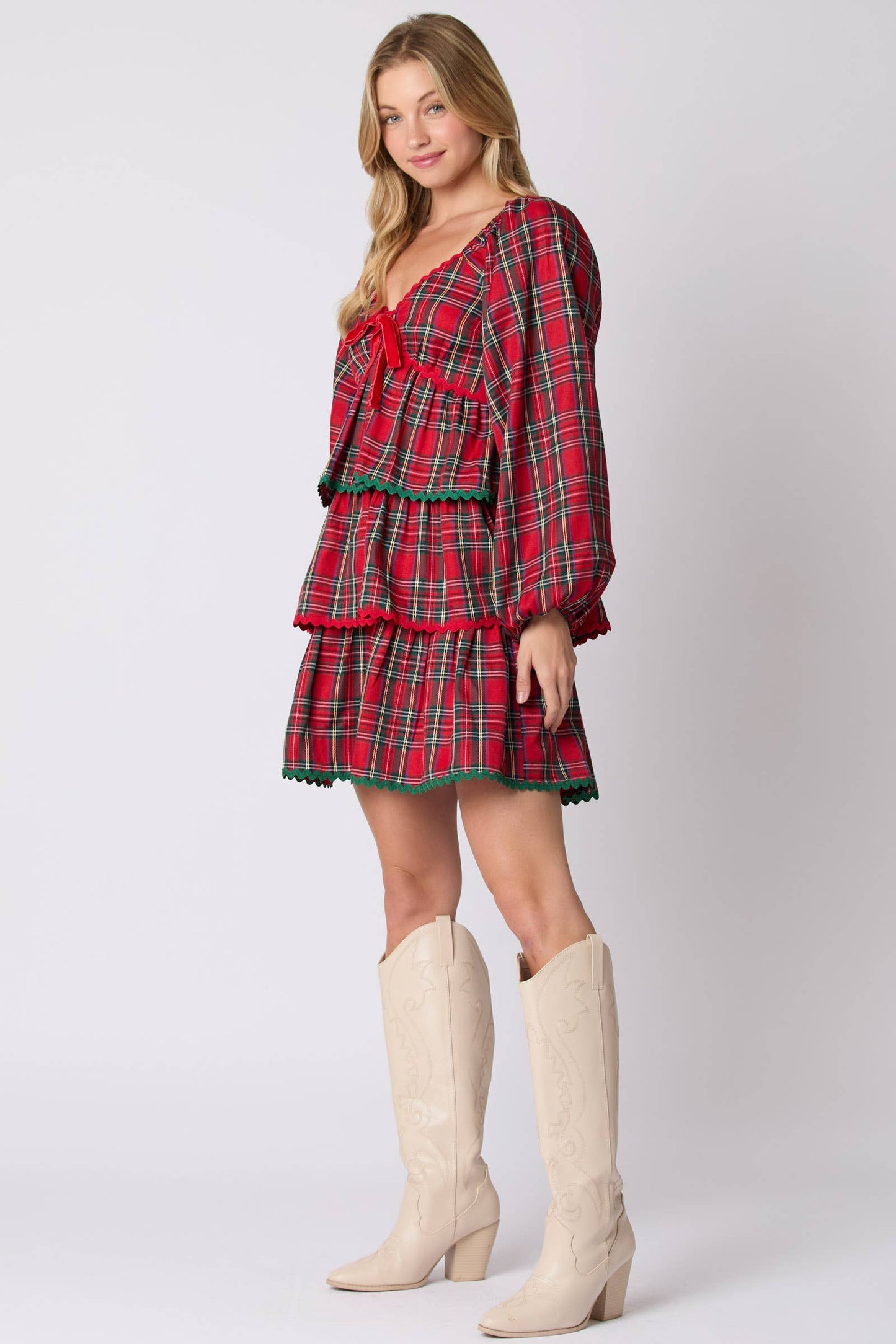 Red Plaid Tiered Ruffle Dress