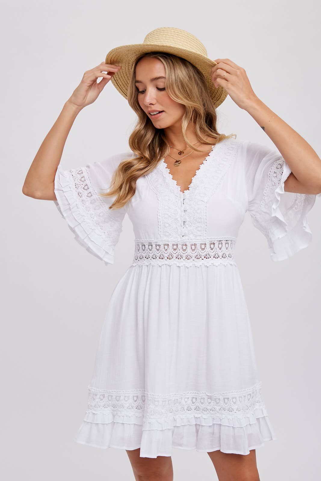 V-Neck Flutter Sleeve Ruffle Dress