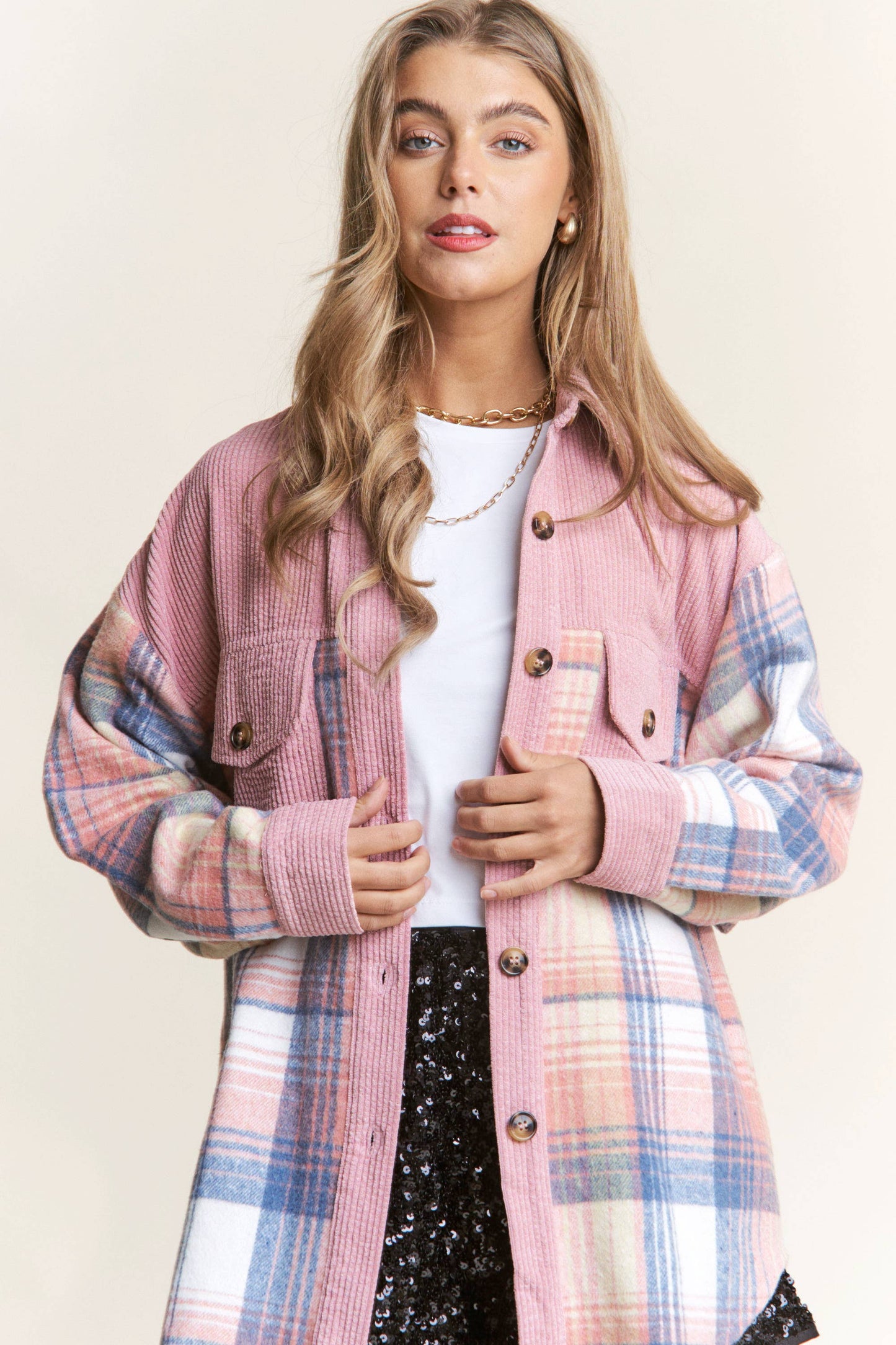 Corduroy Plaid Button Down Shacket