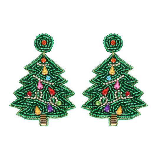 Beaded Christmas Tree Dangle Earrings Green