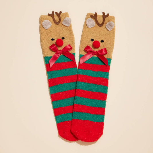 Fuzzy Christmas Reindeer Bow Socks