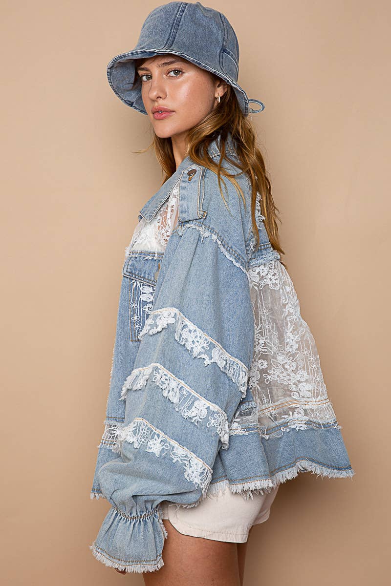 Floral Lace Ruffle Denim Jacket