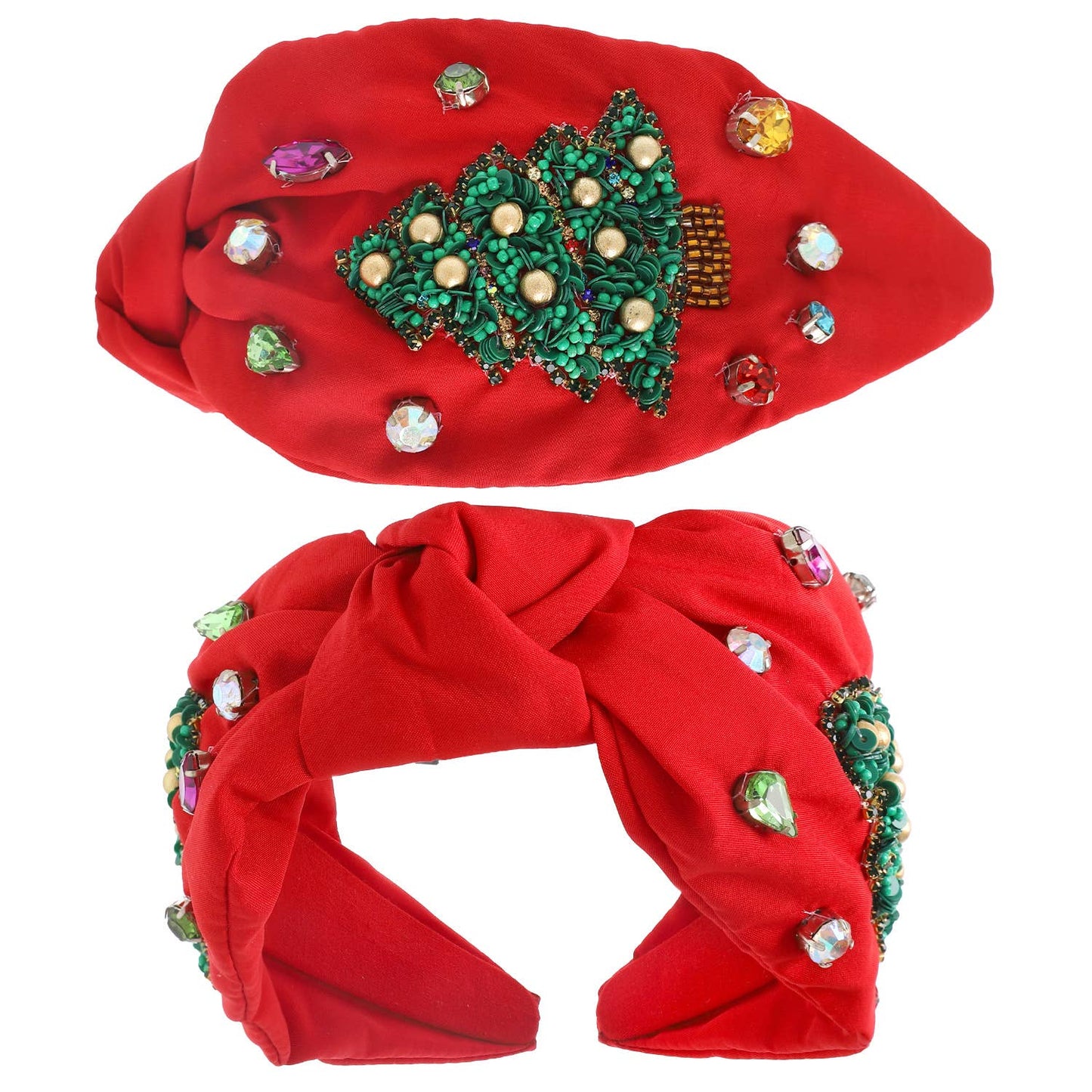 Jeweled Christmas Tree Beaded Knotted Headband - Red