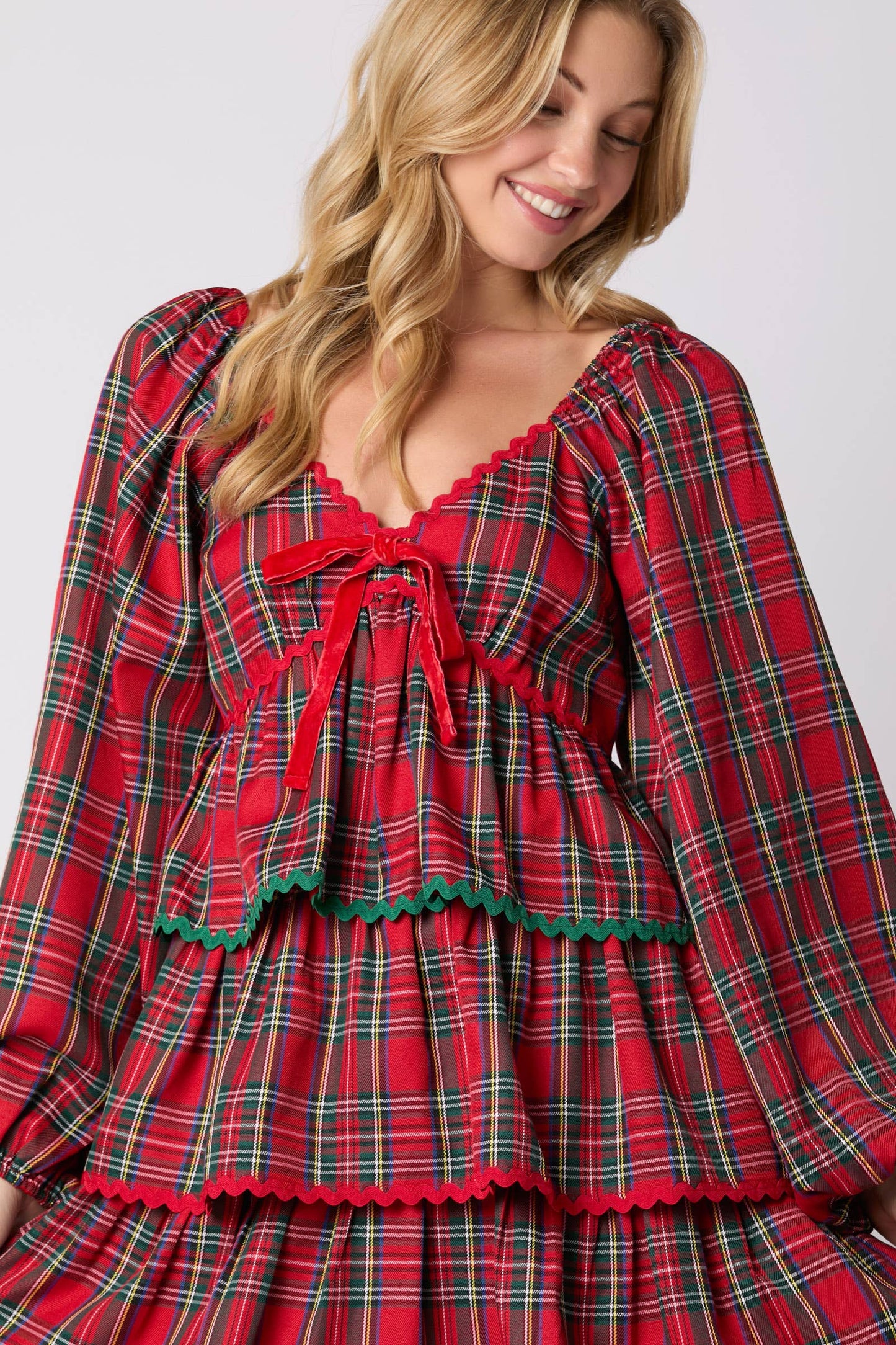 Red Plaid Tiered Ruffle Dress