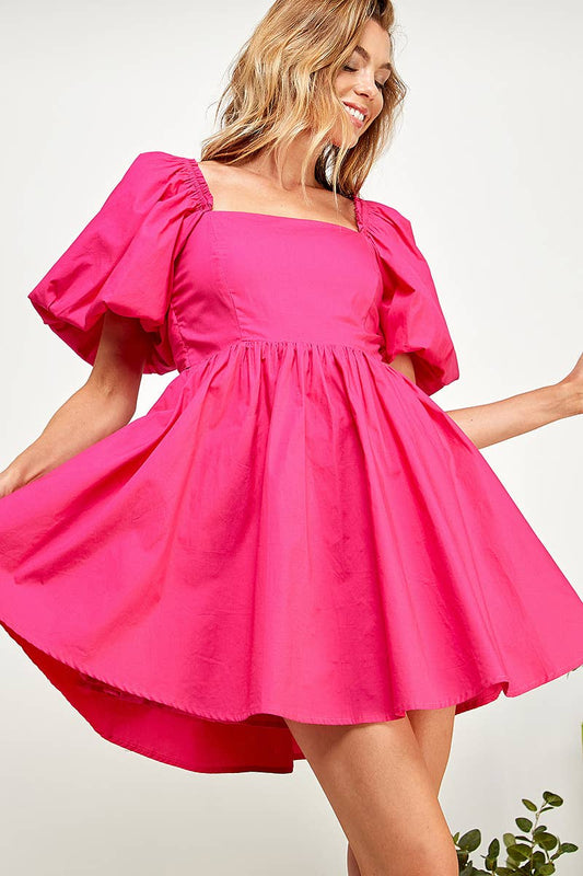 Puff Sleeve Bow Back Dress - Hot Pink