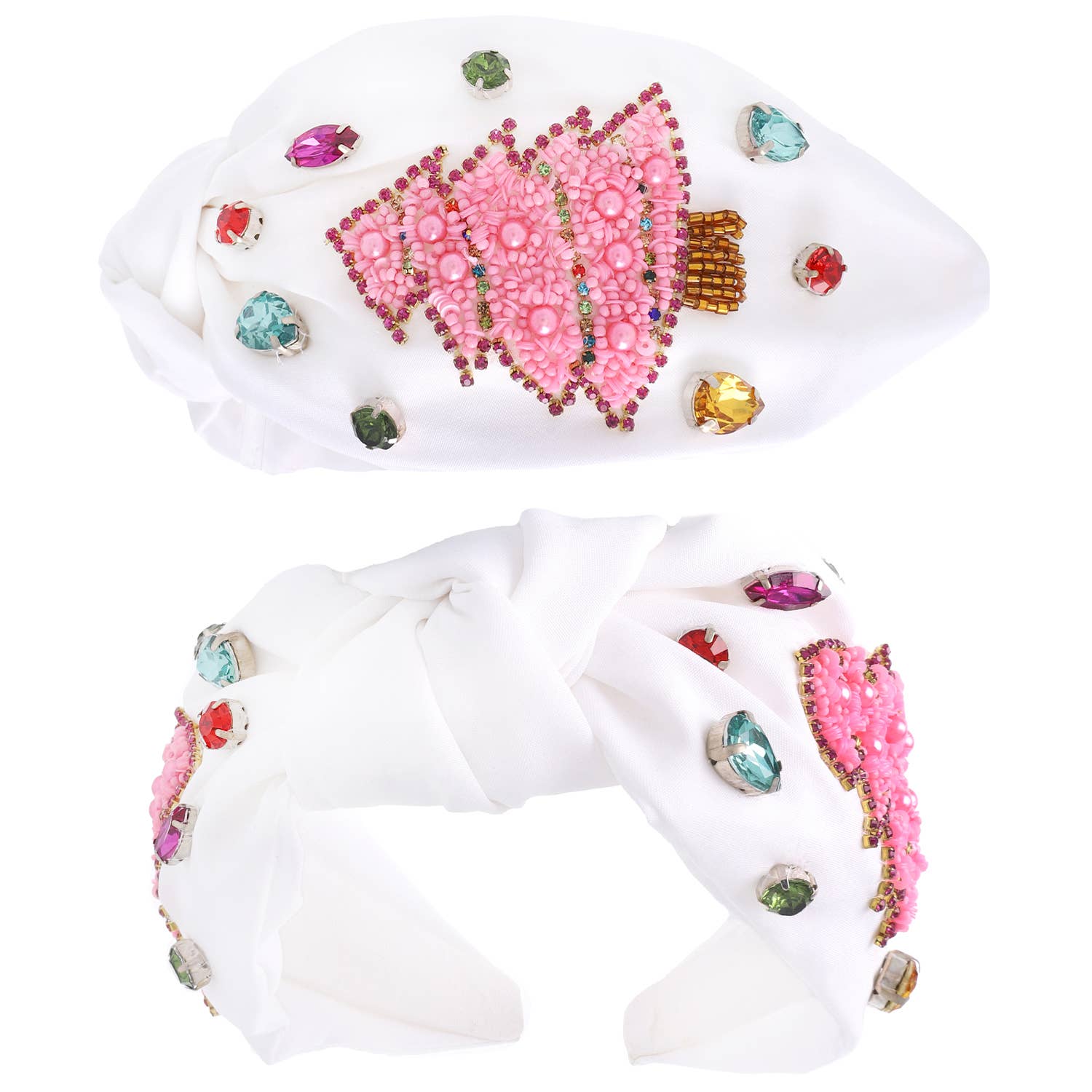 Jeweled Christmas Tree Beaded Knotted Headband - White