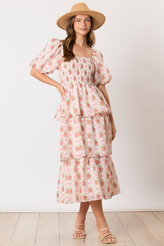 Bow & Rose Print Tiered Midi Dress