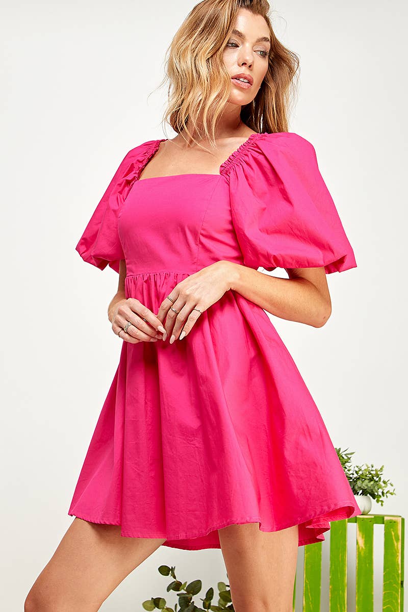 Puff Sleeve Bow Back Dress - Hot Pink