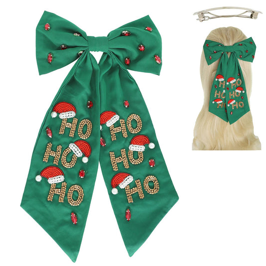 Christmas HO HO HO Jeweled Hair Bow - Green