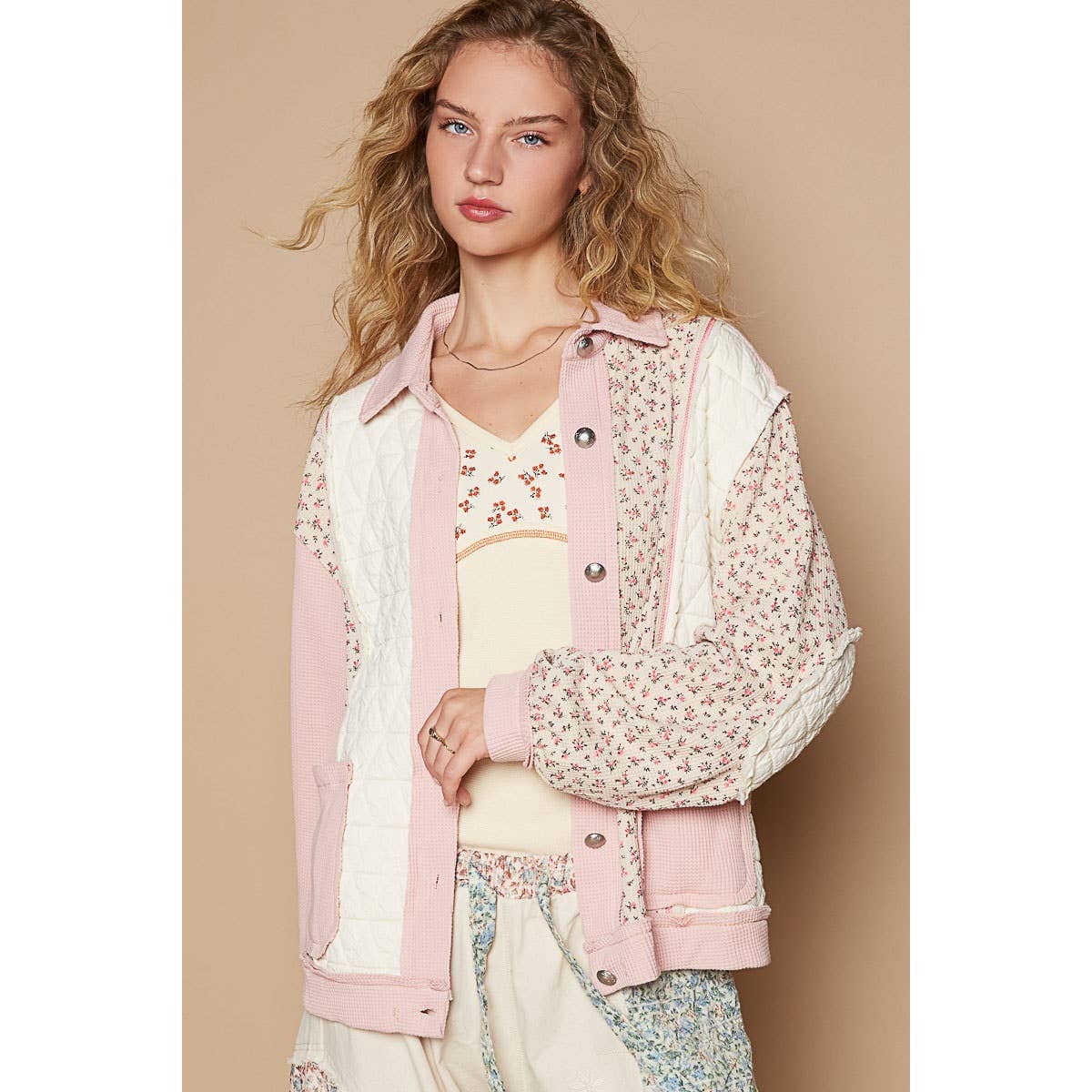 Floral Print Color Block Quilted Shacket