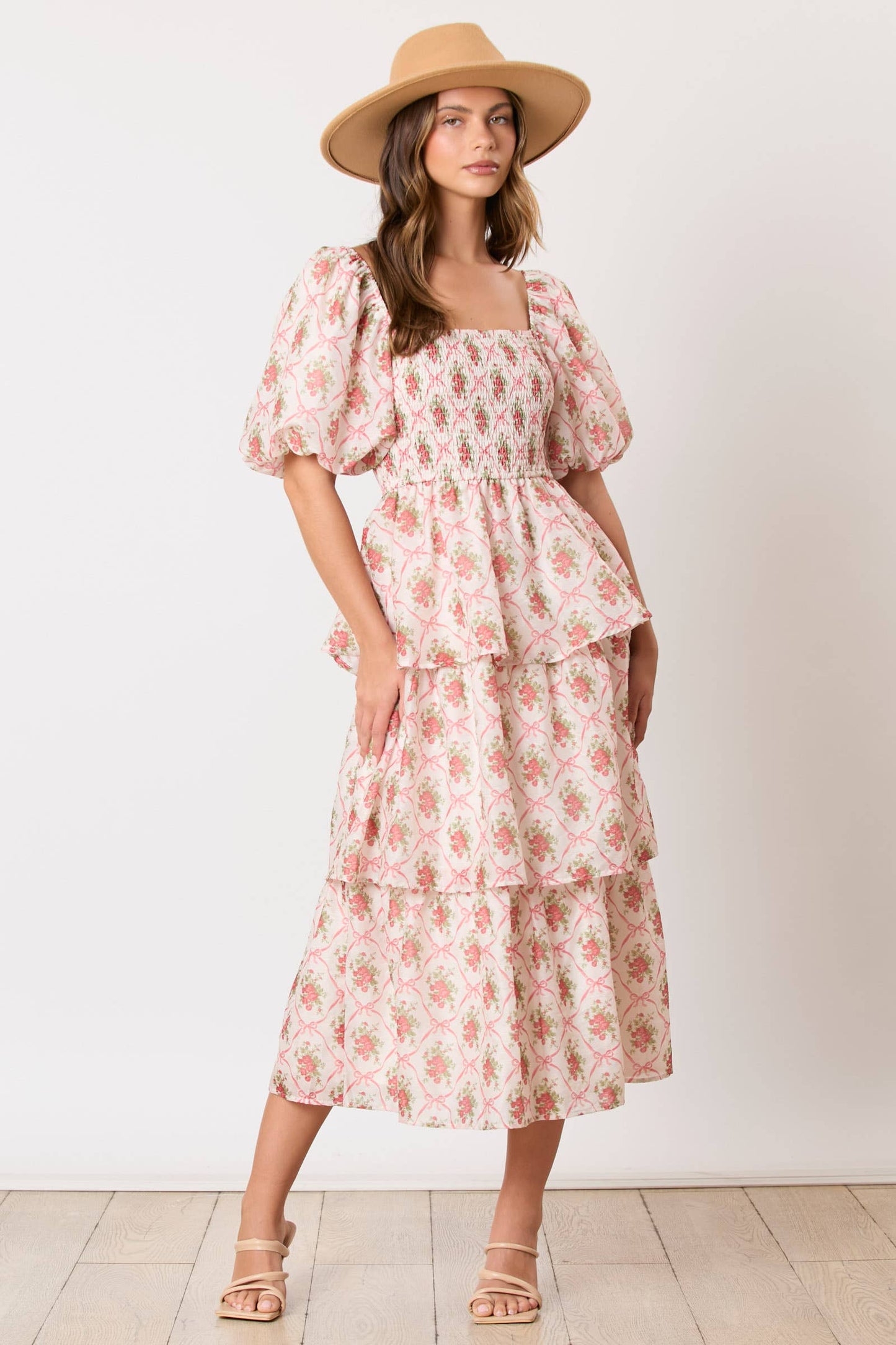 Bow & Rose Print Tiered Midi Dress