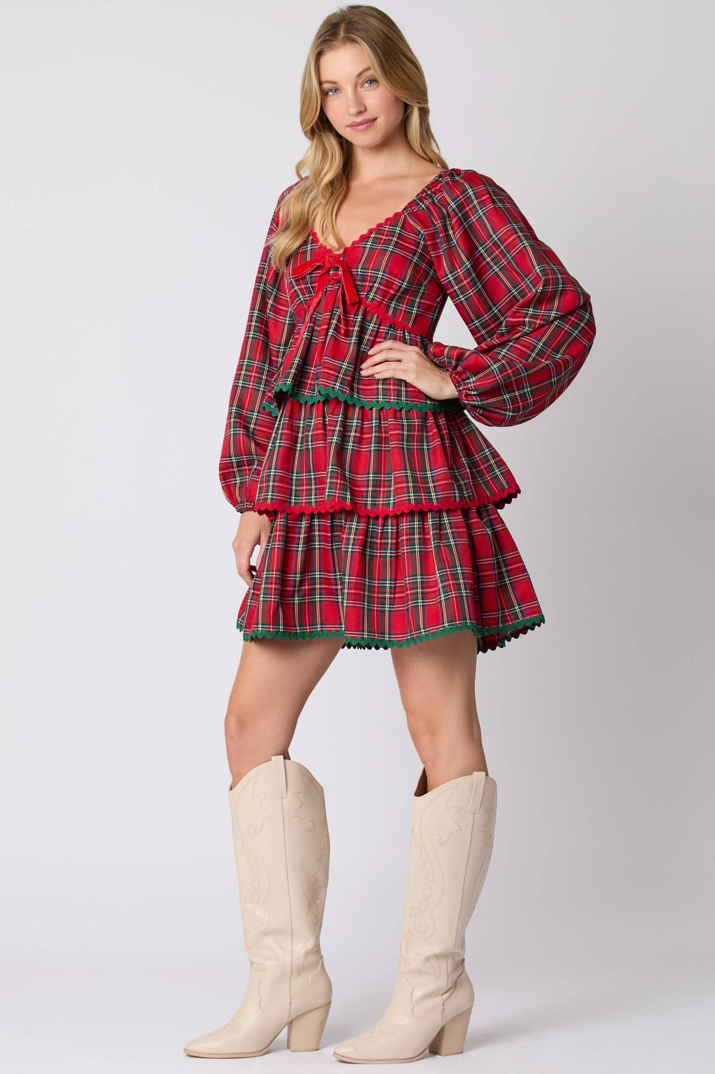 Red Plaid Tiered Ruffle Dress