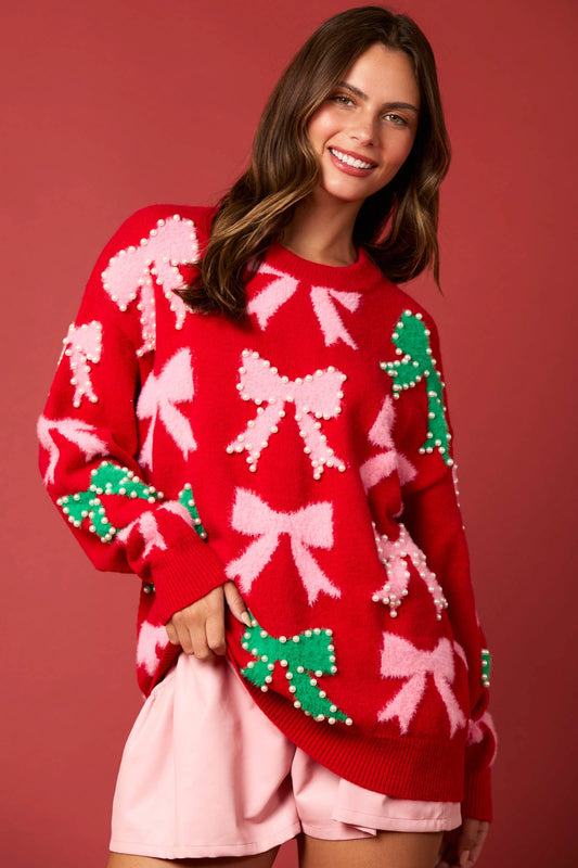 Bow & Pearl Embellished Pullover Sweater