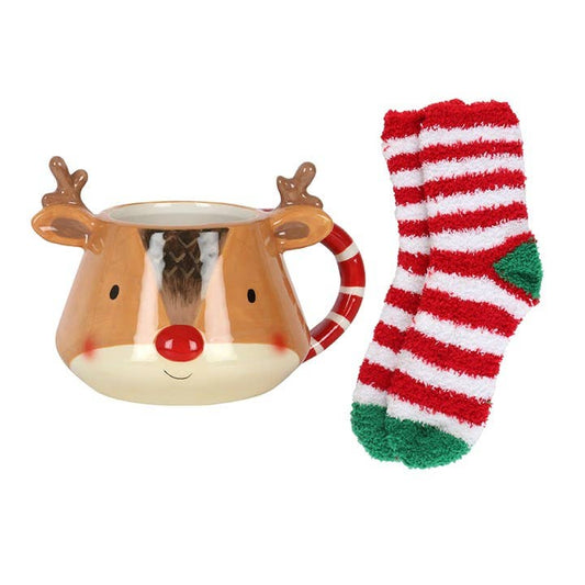 Christmas Reindeer Mug and Socks Gift Set Ceramic