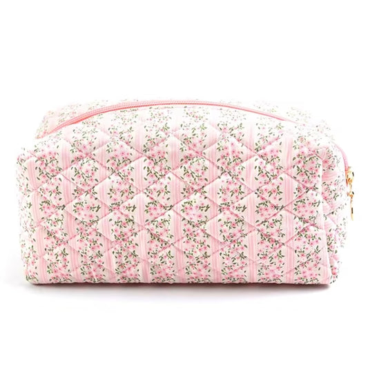 Cotton Quilted Pink Floral Cosmetic Bag Makeup Travel Bag