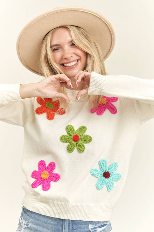 Floral Embroidered Pullover Sweater White