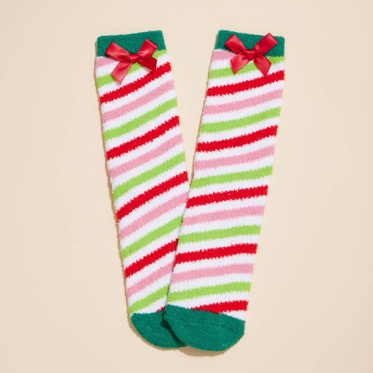 Fuzzy Christmas Bow Stripe Socks Stocking Stuffer Holiday Gift