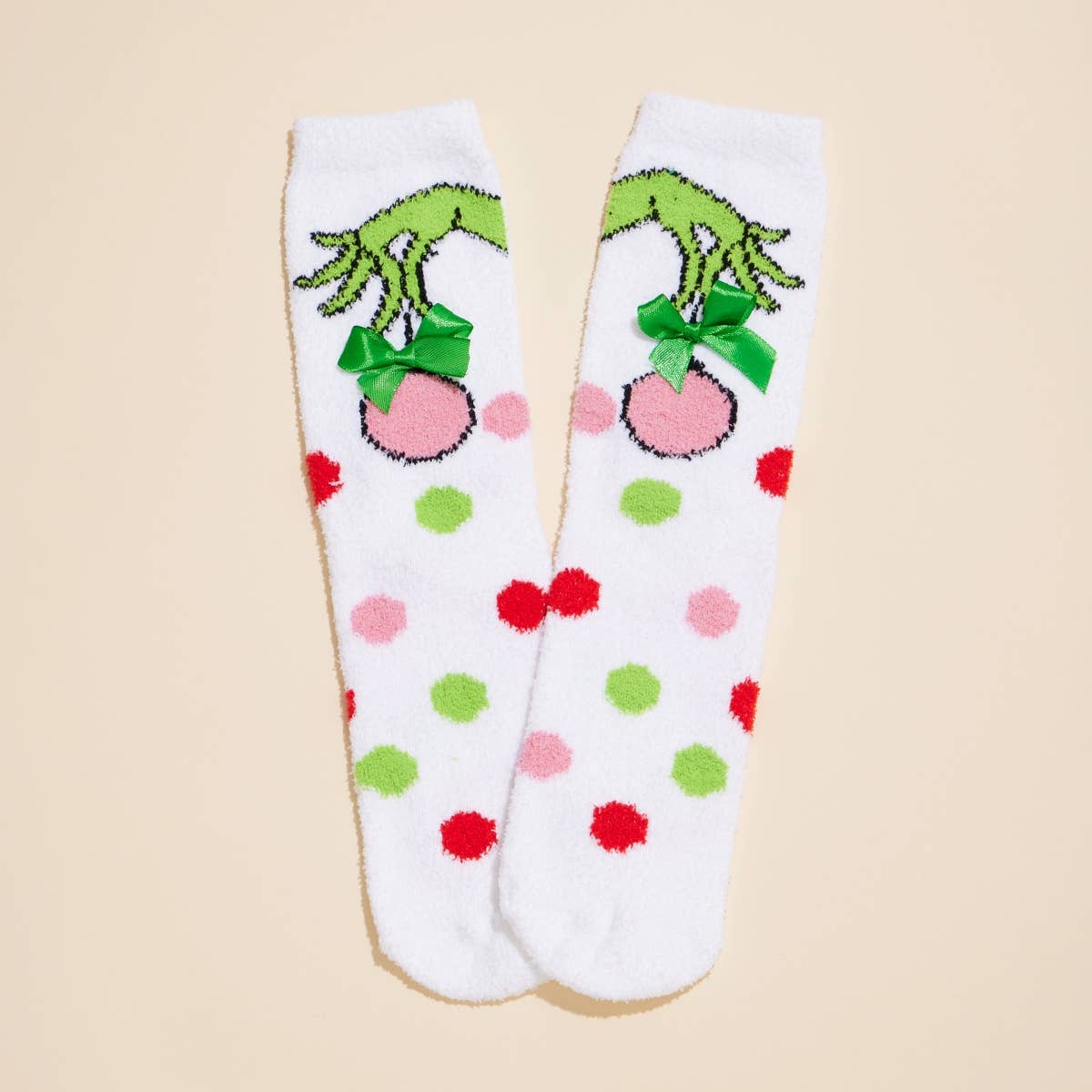 Fuzzy Christmas Grinch Bow Socks Stocking Stuffer Holiday Gift