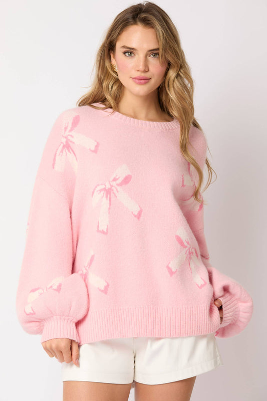 Pink Bow Balloon Sleeve Pullover Sweater Fall Cute Sweatshirt