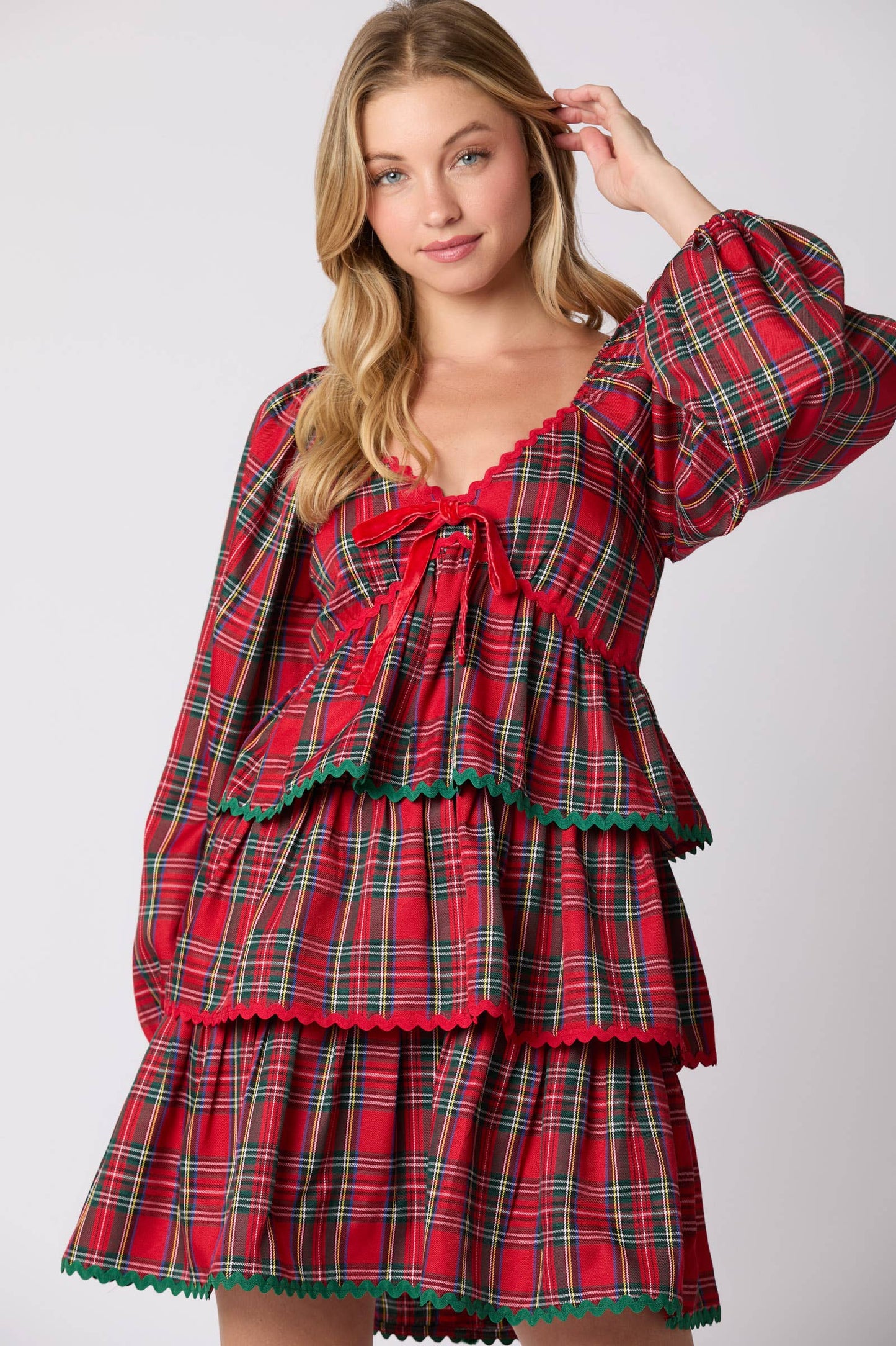 Red Plaid Bow Dress Christmas Holiday Dress Velvet Ruffled