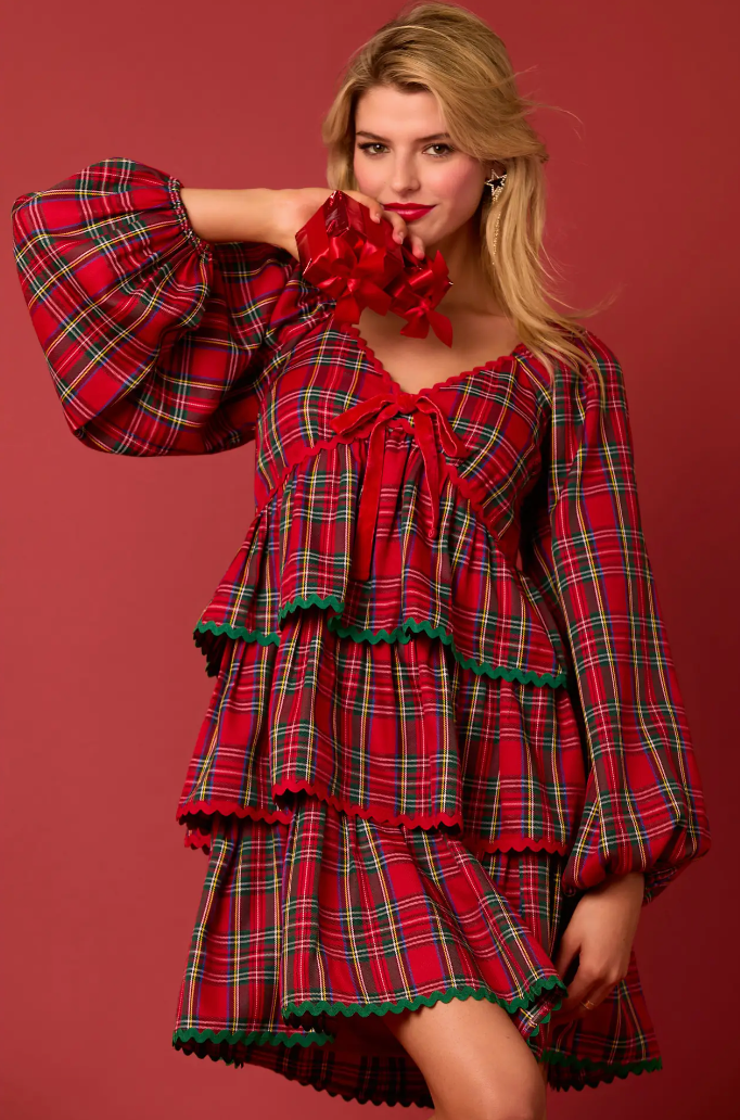 Red Plaid Bow Dress Christmas Holiday Dress Ruffled Velvet Bow