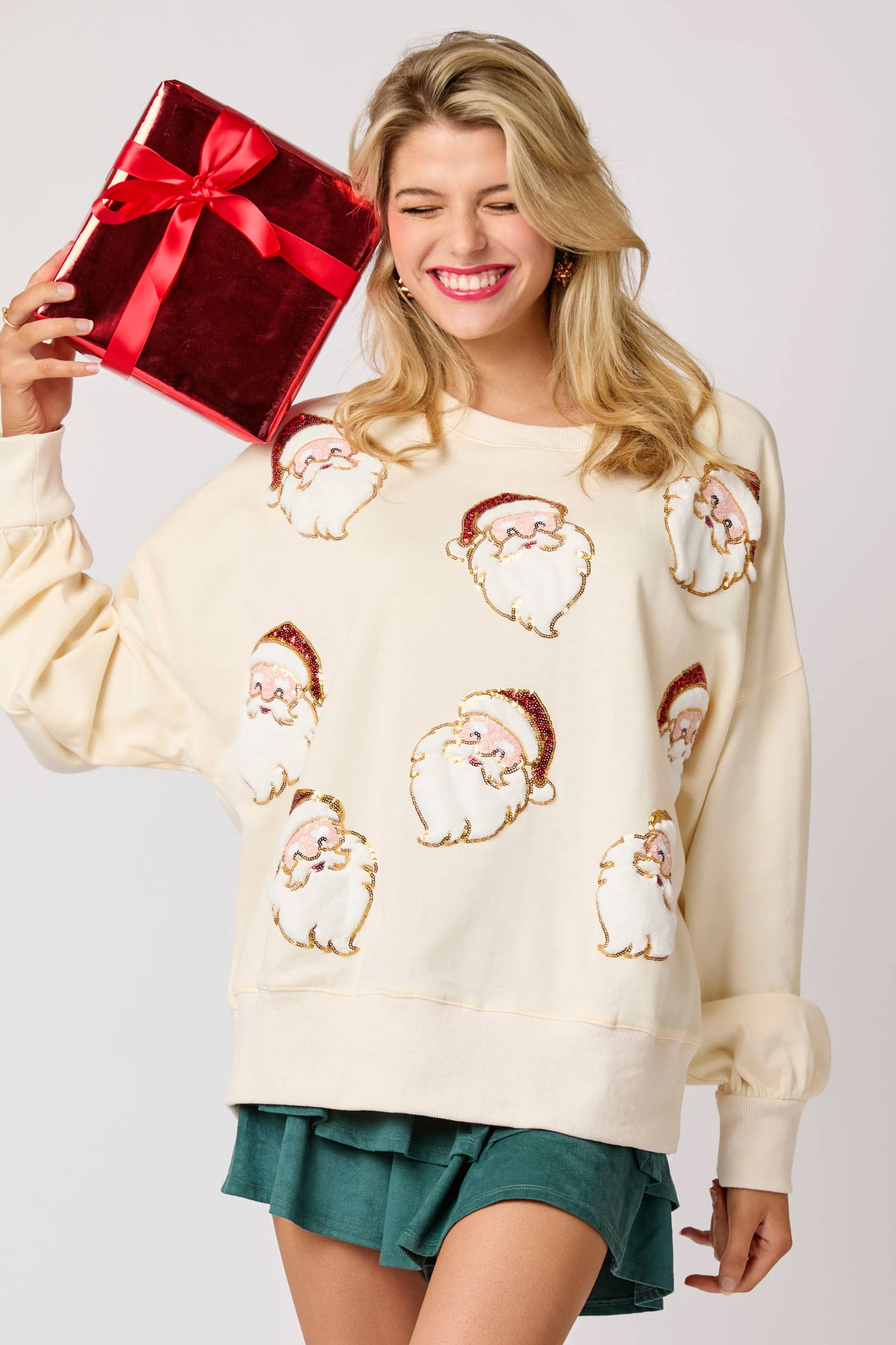 Santa Sequin Embroidered Christmas Pullover Sweater Cream