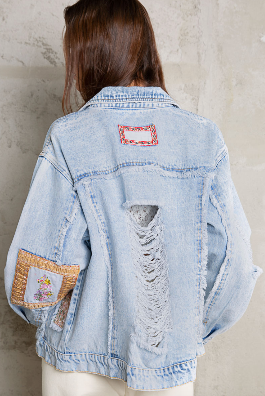 Distressed Patch Work Denim Shacket