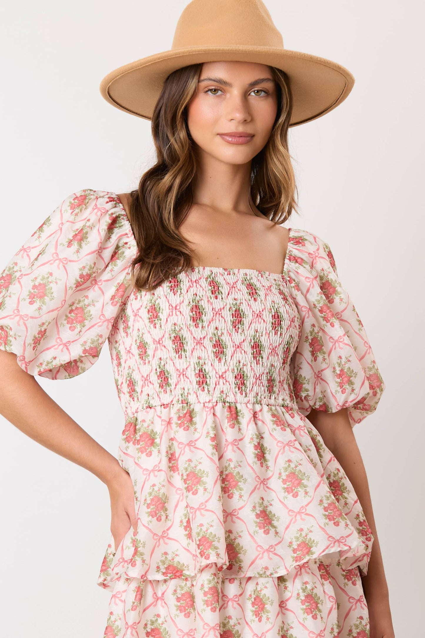 Bow & Rose Print Tiered Midi Dress