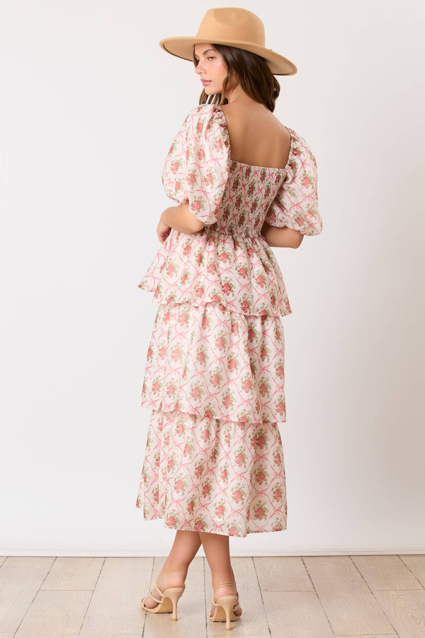 Bow & Rose Print Tiered Midi Dress