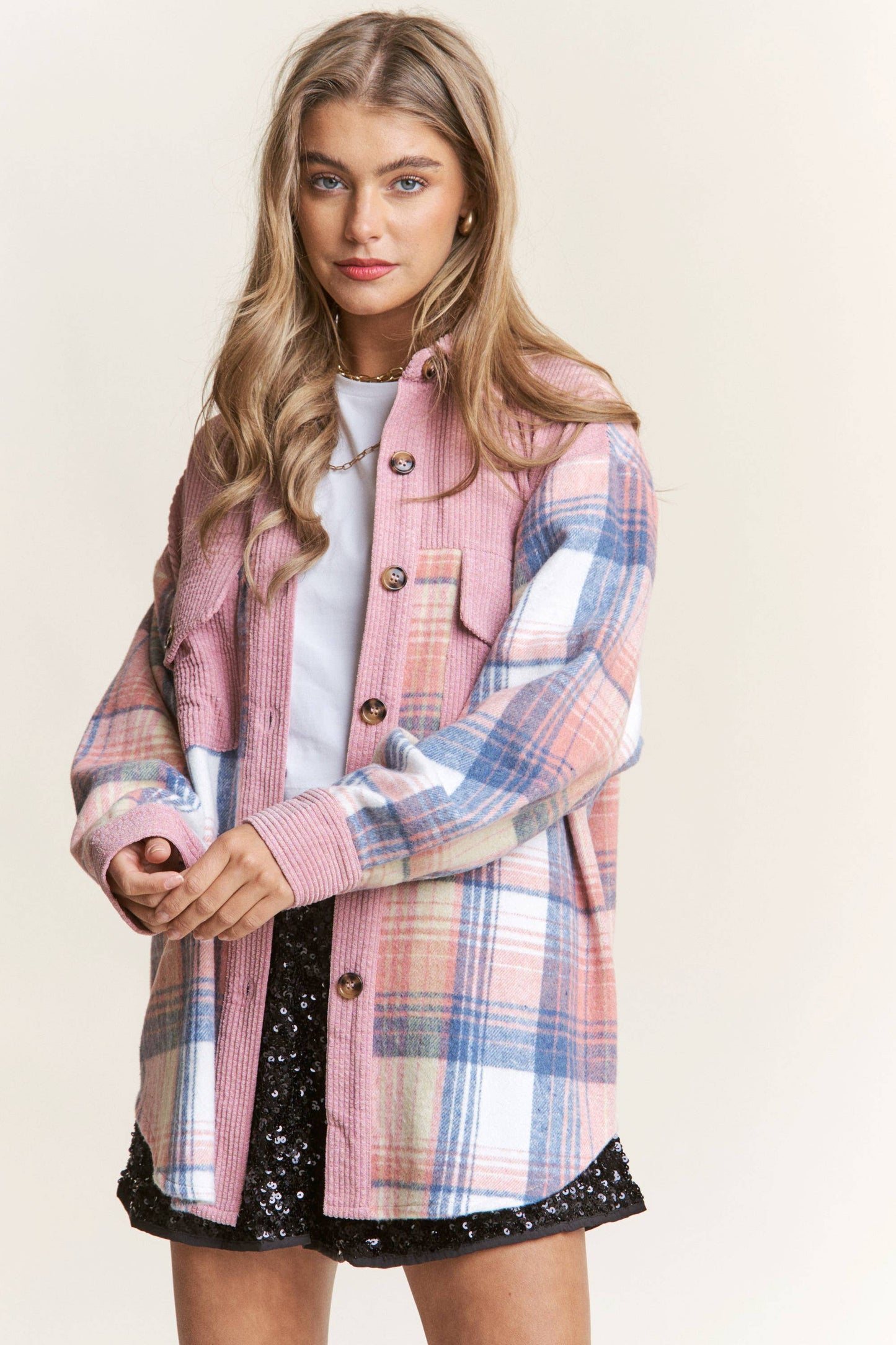 Corduroy Plaid Button Down Shacket